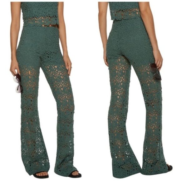 Miguelina Kai Cotton Guipure Lace Flare Pants NWT Size Small Dark Green